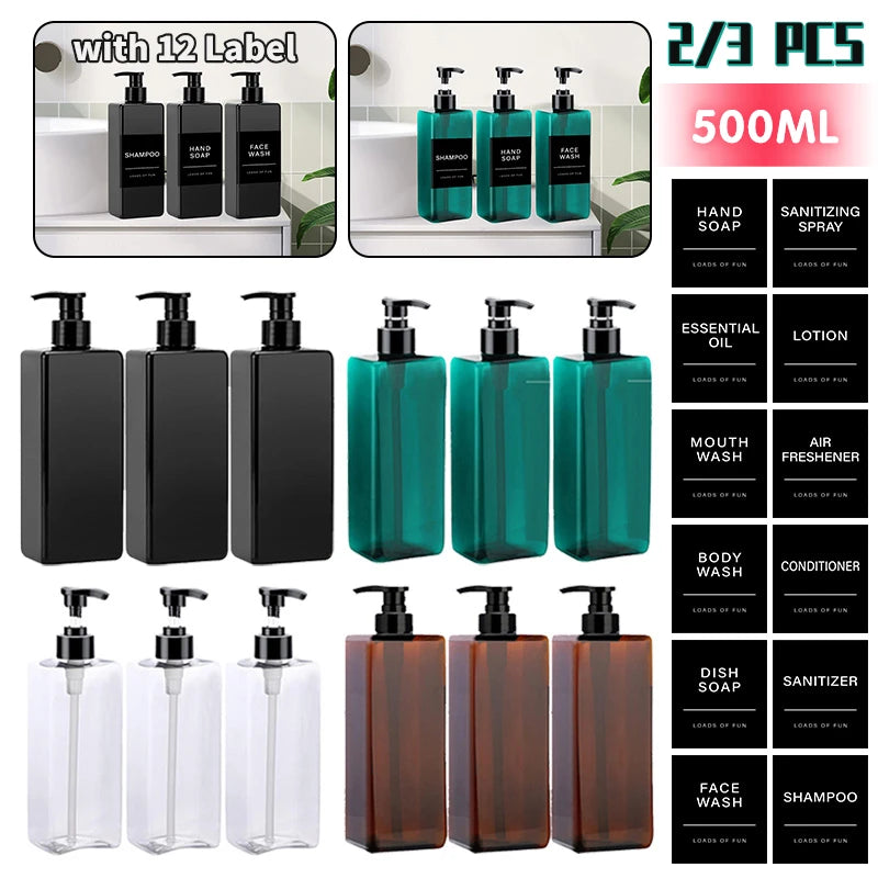 2/3 PCS 500ml Kitchen Soap Dispenser Bathroom Shampoo Pump Bottle Gel Body Wash Lotion Empty Container Organizer with 12 Label