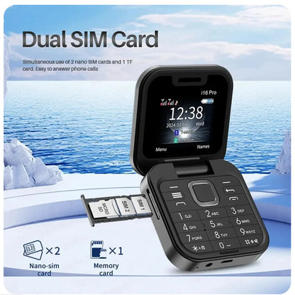 16pro Small Foldable Mobile Phone Auto Call Record Speed Dial Dual SIM Card High Definition Rear Camera Flip Telephones