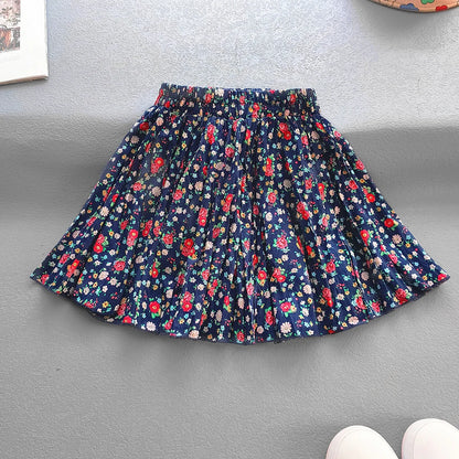 Kids Girls Princess Pleated Skirts Korean Girls Cotton Printed Large Hem Skirt Kids Floral Fluffy Party Skirt Children Clothes