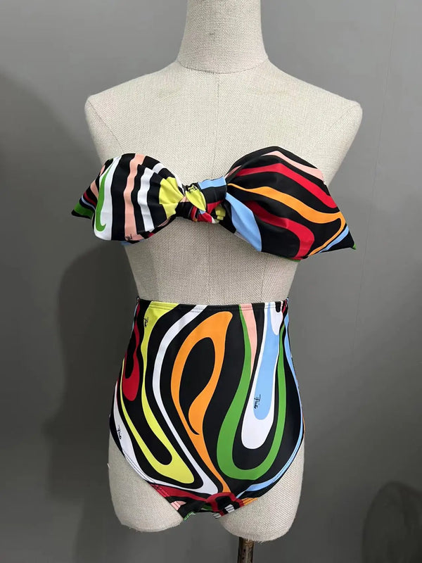 Bikini a vita alta con fiocco, costume da bagno da donna con gonna, costume da bagno colorato, 2025