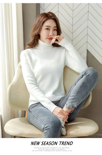 Winter Turtleneck Sweater Knitwear Women Elegant Thicken Velvet Lined Warm Sweaters Knitted Pullover Slim Tops Jersey Jumper New