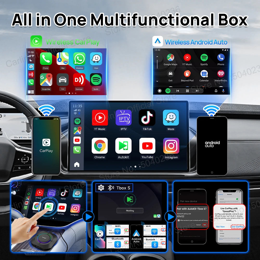 CarlinKit Android 13 LED AI Box Wireless CarPlay Wireless Android Auto Smart Car Multimedia Box Qualcomm Chip SD Expand to 512GB