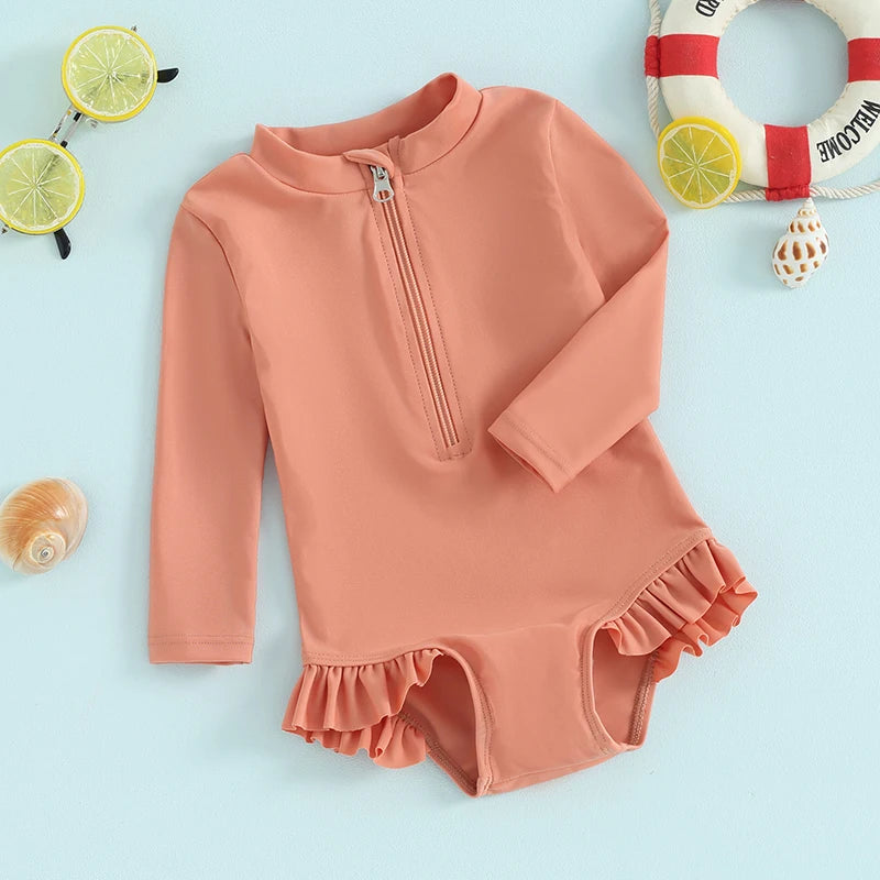 Long Sleeve Toddler Girls Rash Guard Swimsuit Kids Beachwear Fashion New Solid Color Ruffles Zipper Kids Bathing Suit Swimwear