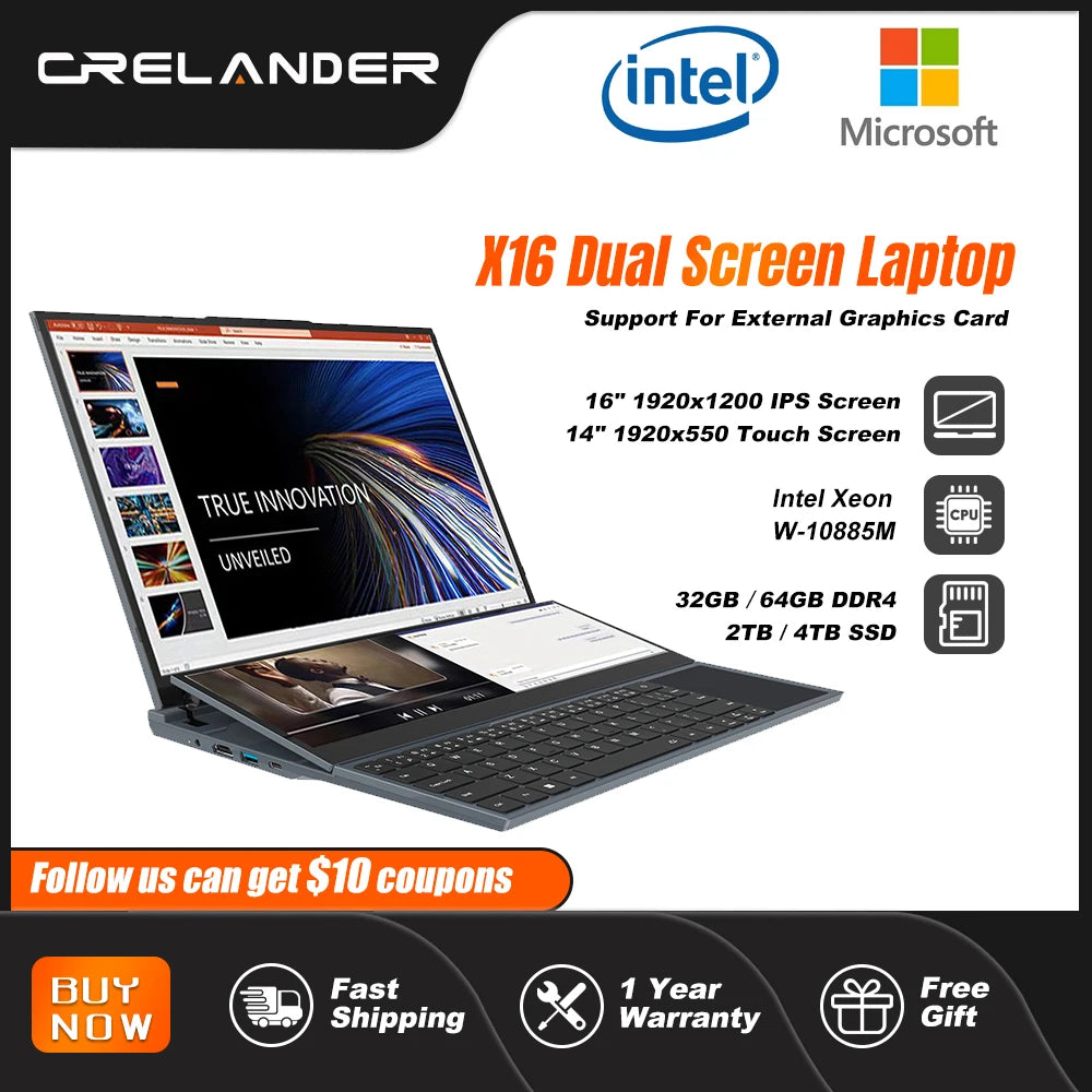 CRELANDER X16 Double Screen Laptops 16 Inch + 14 Inch Touch Screen Intel 10th Windows 11 Portable PC Notebook Computer