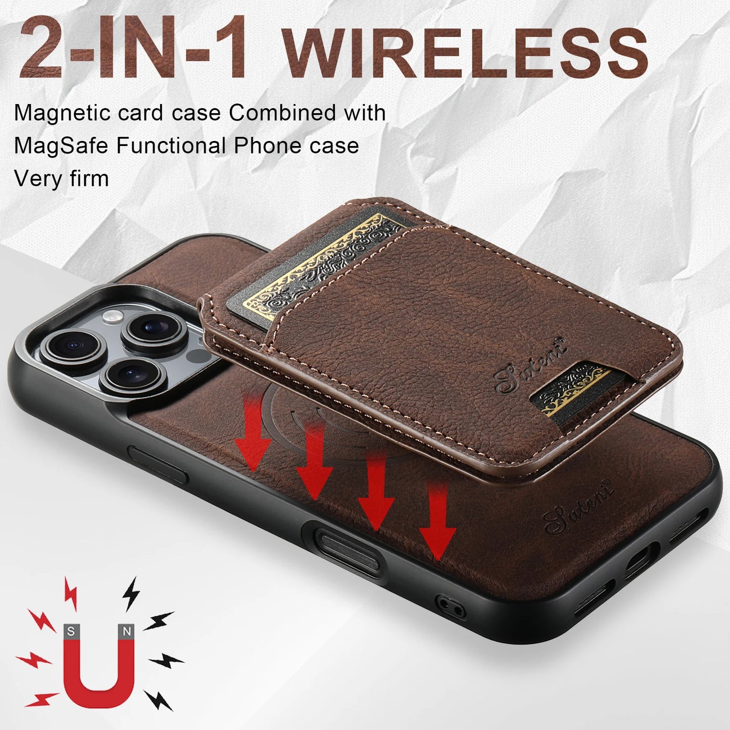 Leather Magnetic 2-in-1 Card Holder Wallet Phone Case Compatible with MagSafe Wireless Charging for iPhone 16ProMax 15Plus 14 13