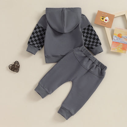 Pudcoco Newborn Baby Boys Pants Set, Long Sleeve Hooded Plaid Letters Print Hoodie Elastic Waist Sweatpants Infant Clothes 0-3T