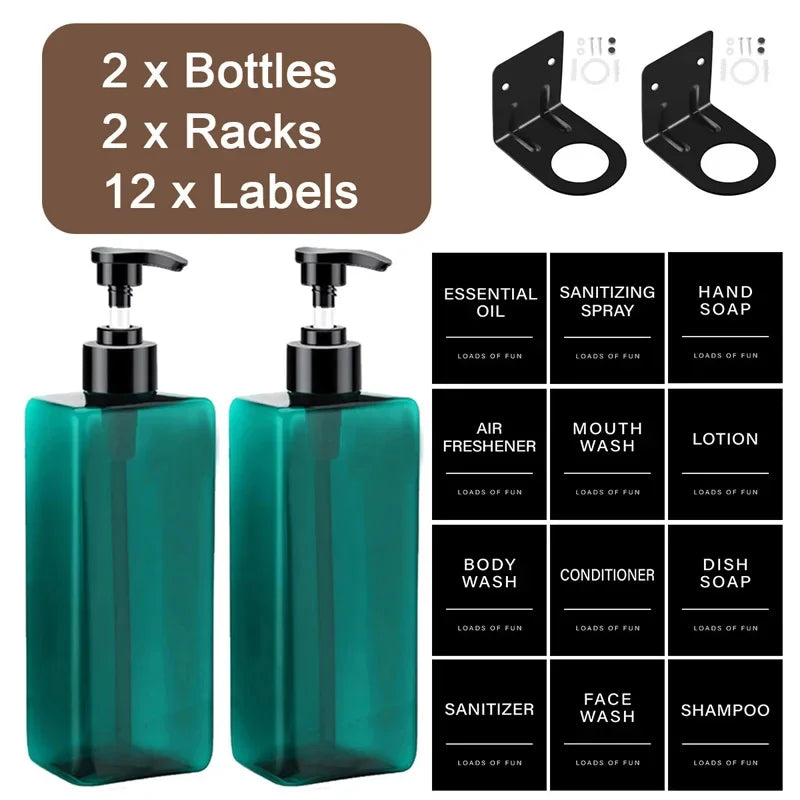 500ml Square Bottle With Label&amp;Rack Soap Dispenser Refillable Empty Shampoo Hand Sanitizer Conditioner Container for Bathroom