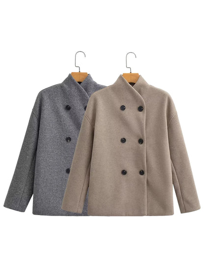 TRAF Women's British style short double-breasted tweed jacket fashion commuter long-sleeved stand-up collar coat jacket