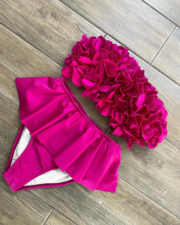 Bikini a triangolo push-up con volant e fiori, nuovo stile estivo , da donna, con schiena scoperta e senza spalline, da spiaggia