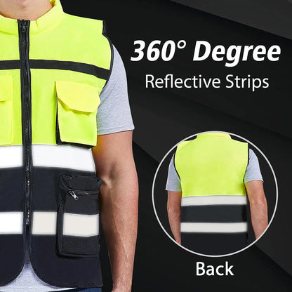 Custom LOGO Reflective Safety Vest for Men Work Vest with Pockets and Zipper Safety Construction Two Tone Workwear Vest