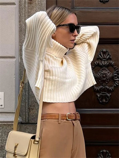 wsevypo High Neck Knit Ribbed Cropped Sweaters Autumn Winter Casual Women Long Sleeve Pullover Tops Casual Street Jumpers Tops