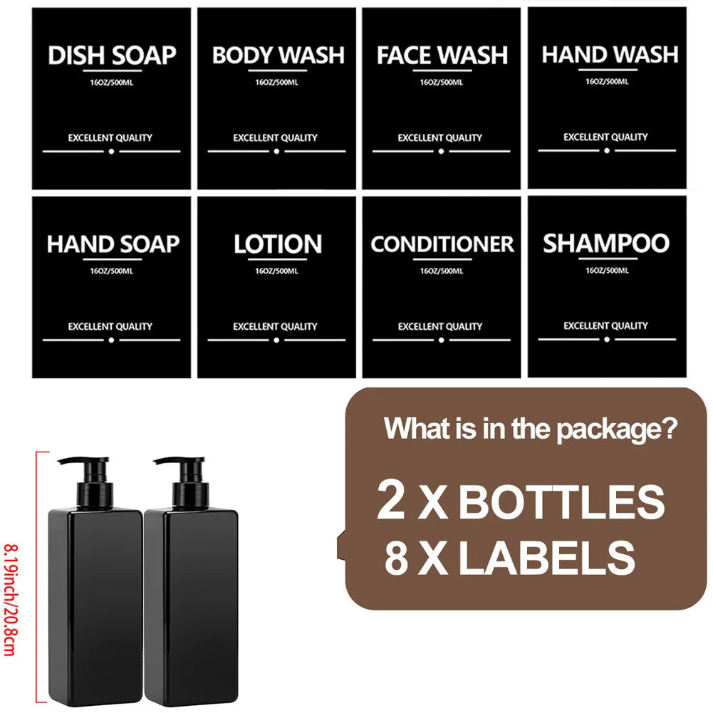 2PCS 500ml Refillable Square Soap Dispenser Bathroom Hand Pump Bottle Liquid Shampoo Body Wash Container With Waterproof Labels