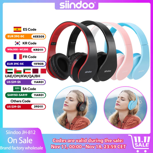 Siindoo JH-812 Wireless Headphone Foldable Stereo BT5.1 Earphones Music Headset FM and Support SD Card with Mic for Mobile PC TV