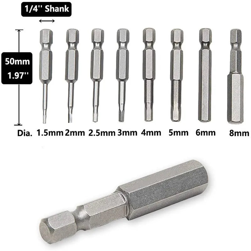 8Pcs Steel Magnetic Allen Wrench Screwdriver Drill Bits Set H1.5-H8 Hex Head Screw Driver Drilling Bit with 1/4 inch Hex Shank