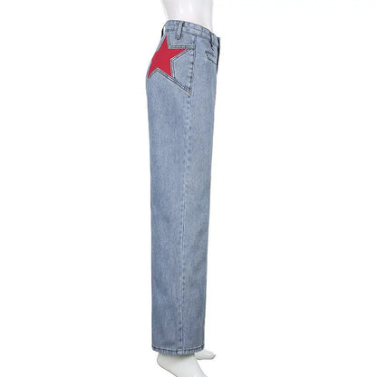 Retro Five Pointed Star Straight Women Jeans European and American Style Design Slim Fit Leg Length All Match Pants