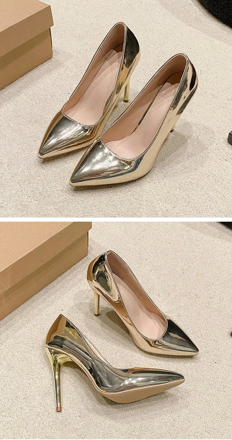 Soft Leather Sliver Gold High Heels 8/10cm Shoe Fashion Women Pumps Pointed Toe Slip-on Office Woman Wedding Shoes Large Size 43