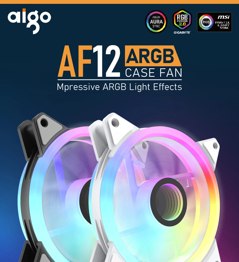 Aigo AF12 RGB FAN 120mm Pc Computer Case Fan PWM 12cm White CPU Water Air Cooler Silent Controladora ARGB Fan Cooling Ventilador