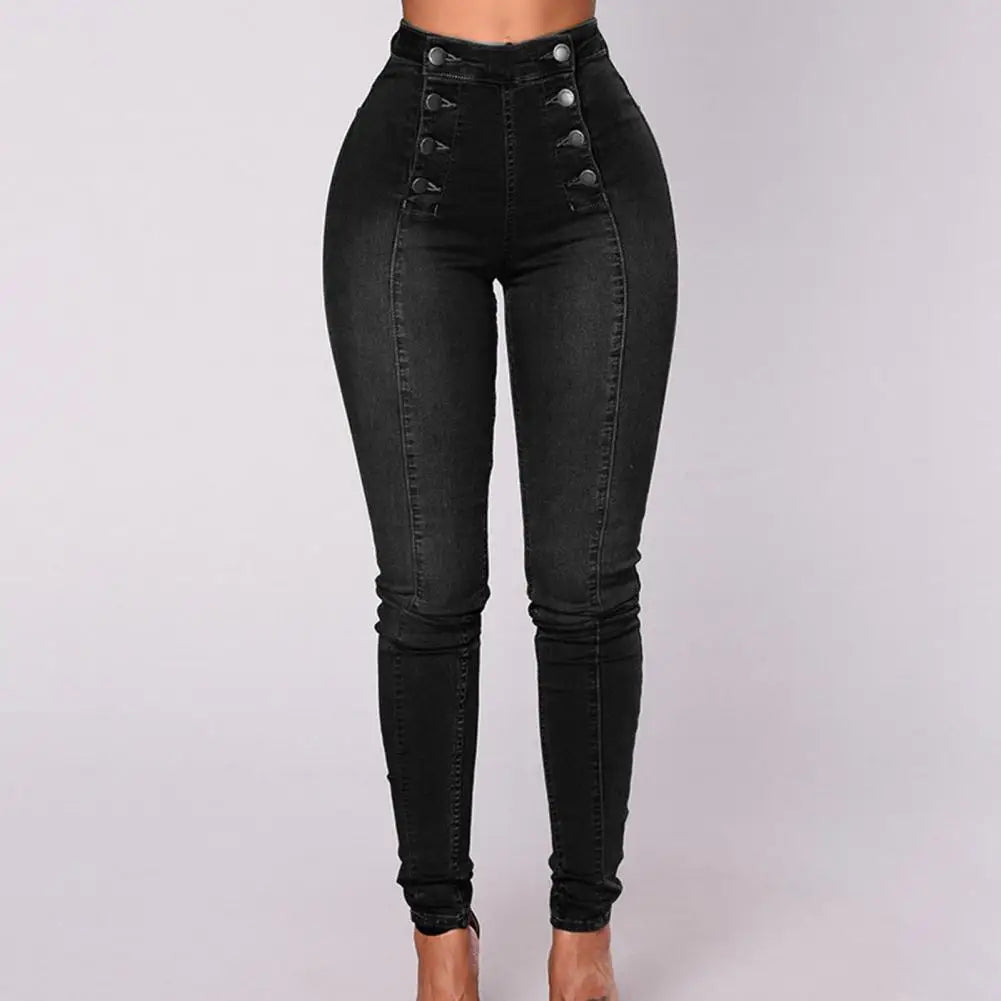 High Waist Buttons Decoration Shaping Women Jeans Pockets Push Up Fashion Skinny Double-breasted Pencil Jeans Streetwear