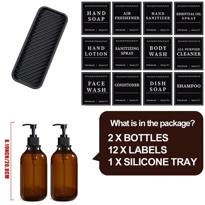 500ml Portable Empty Pump Dispenser Bottle Cylinder Shampoo Lotion Soap Hand Sanitizer Bottle with Tray 12 Label Bathroom