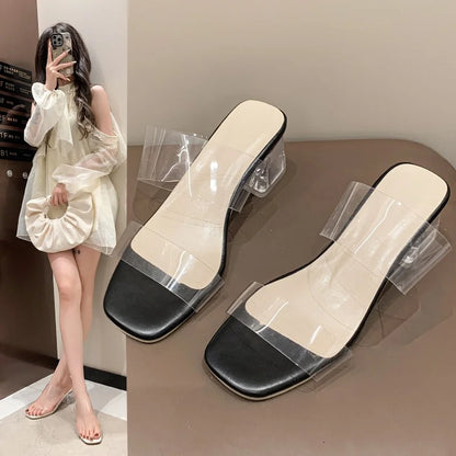 Summer Transparent High Heels Women Square Toe Sandals Woman Clear High Pumps Wedding Jelly Buty Damskie Shoes Heels Slippers