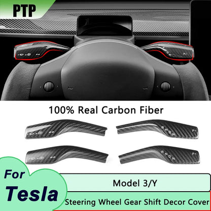 2024 Model Y Gear Shift Cover for Tesla Model 3 2023-2017Real Carbon Fiber Steering Wheel Gear Lever Cover Car Protect Accessory