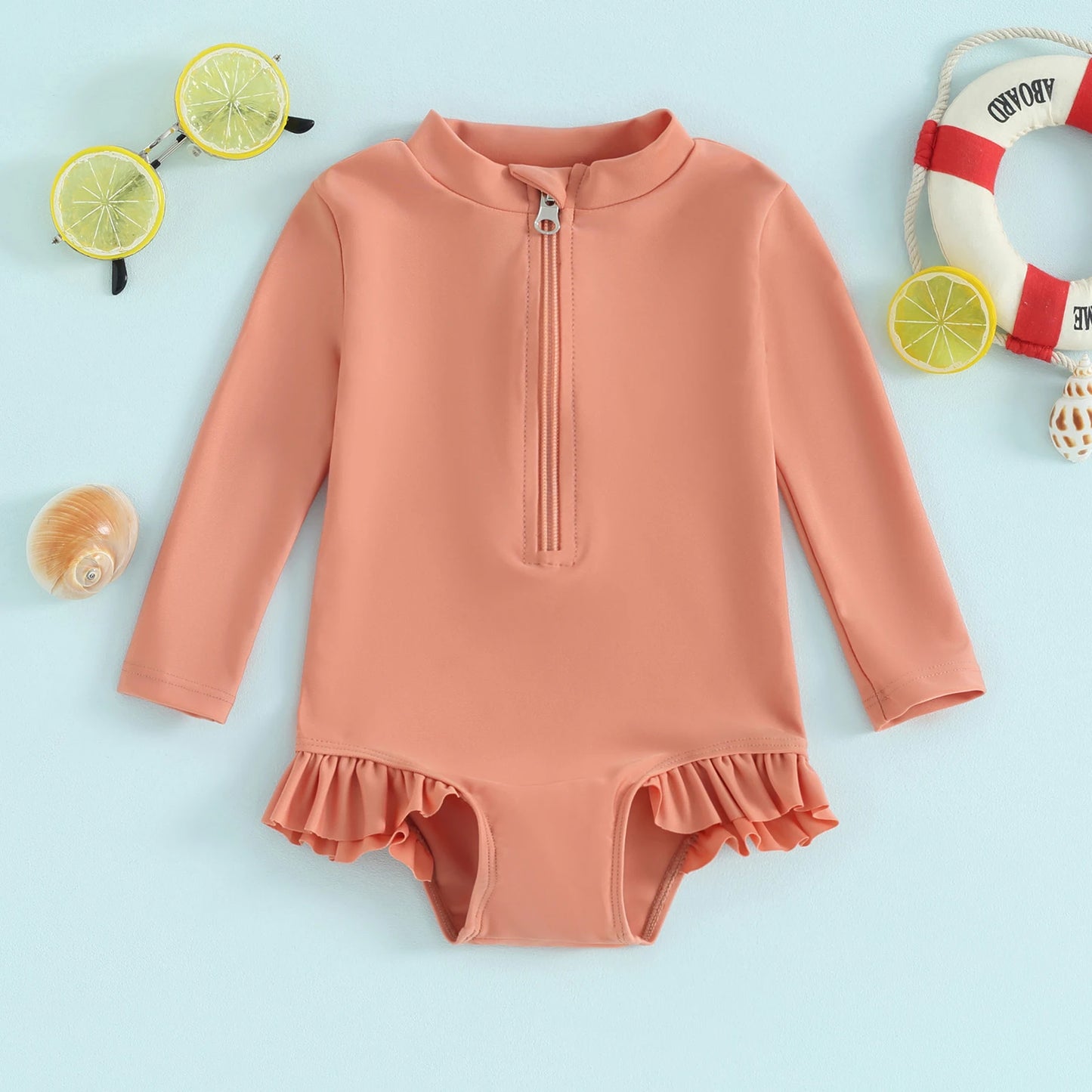 Long Sleeve Toddler Girls Rash Guard Swimsuit Kids Beachwear Fashion New Solid Color Ruffles Zipper Kids Bathing Suit Swimwear