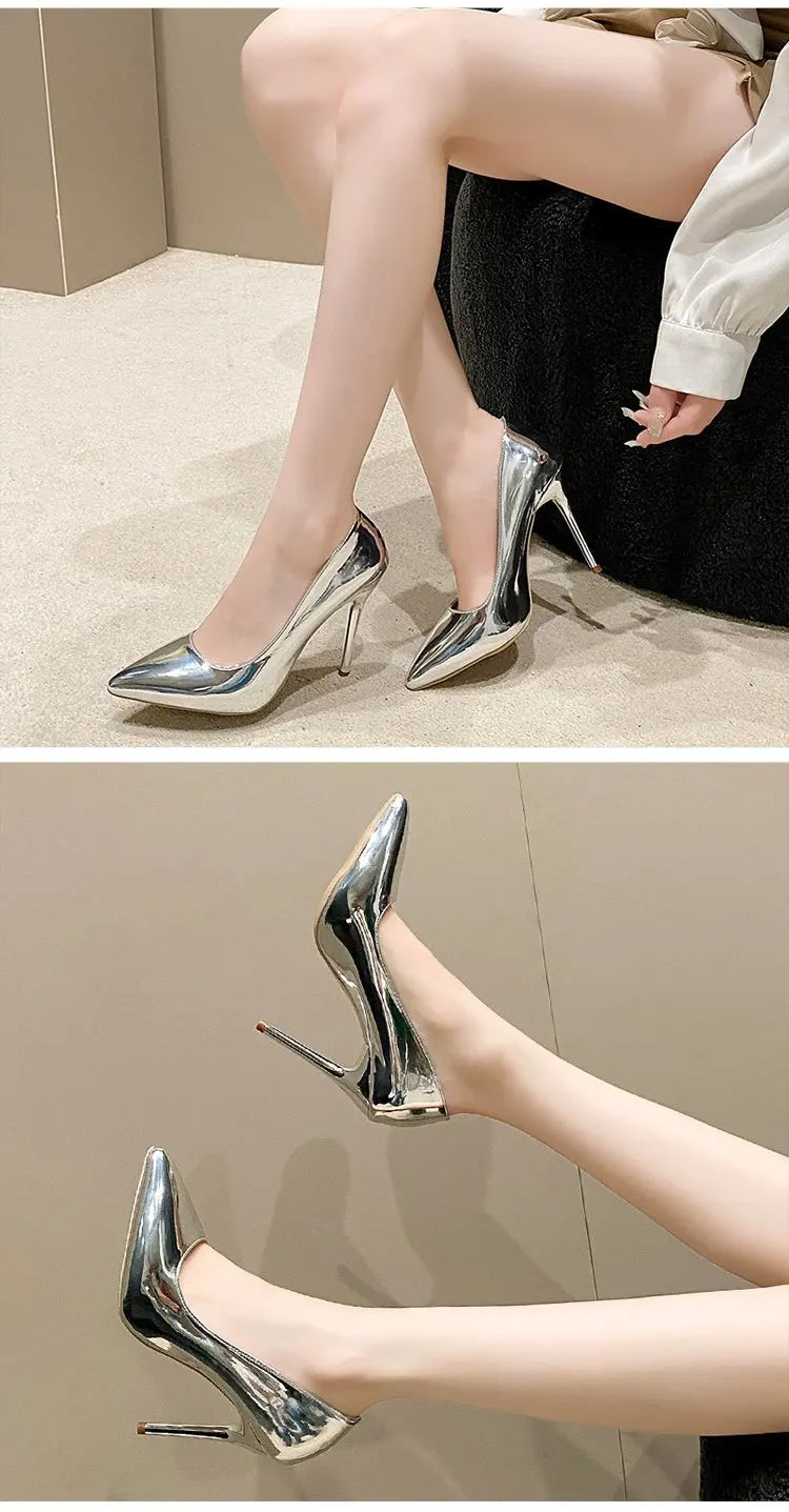 Soft Leather Sliver Gold High Heels 8/10cm Shoe Fashion Women Pumps Pointed Toe Slip-on Office Woman Wedding Shoes Large Size 43