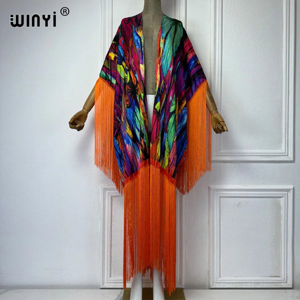Copricostume kimono WINYI con stampa boho, abiti estivi per donna, eleganti, alla moda, cardigan, sexy, con nappe per le feste, abito lungo.