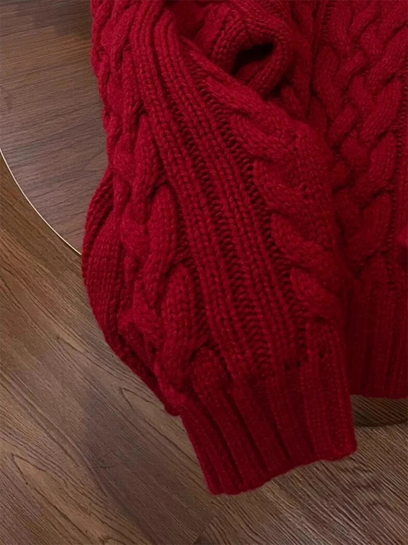 Vintage Red Sweater Women Christmas Long Sleeve Knitted Pullovers Streetwear Korean O Neck Knitwear Fall Winter Casual Jumpers