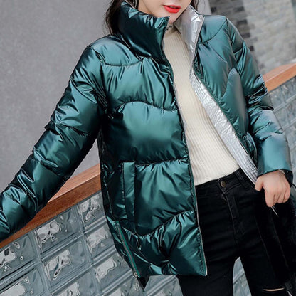 Glossy Winter Down Cotton Padded Jacket For Women Thick Bright Black Short Shiny Jacket Yellow Red Cotton Parkas Outwear