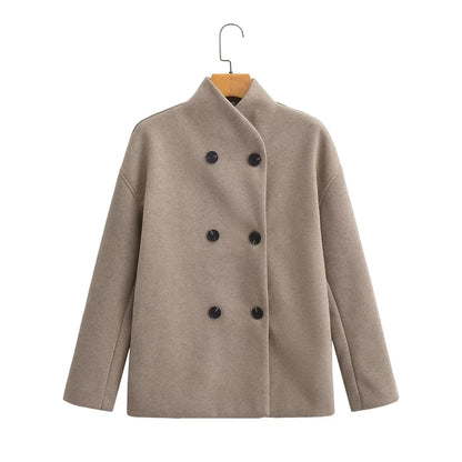 TRAF Women's British style short double-breasted tweed jacket fashion commuter long-sleeved stand-up collar coat jacket