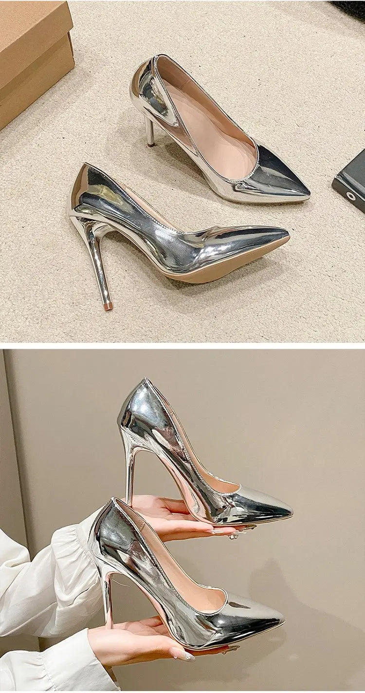 Soft Leather Sliver Gold High Heels 8/10cm Shoe Fashion Women Pumps Pointed Toe Slip-on Office Woman Wedding Shoes Large Size 43