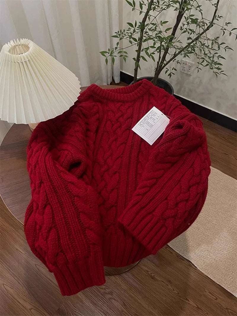 Vintage Red Sweater Women Christmas Long Sleeve Knitted Pullovers Streetwear Korean O Neck Knitwear Fall Winter Casual Jumpers