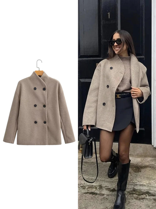 TRAF Women's British style short double-breasted tweed jacket fashion commuter long-sleeved stand-up collar coat jacket