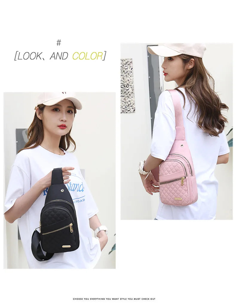 Women Pink Chest Bag 2024 Ladies Waterproof White Chest Backpack Shoulder Bag Oxford Cloth Crossbody Bag Cycling Sports Backpack