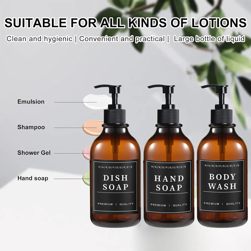 500ml Portable Empty Pump Dispenser Bottle Cylinder Shampoo Lotion Soap Hand Sanitizer Bottle with Tray 12 Label Bathroom