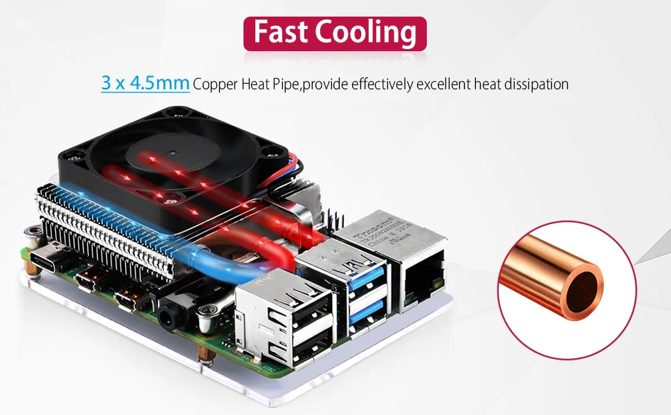 52Pi RPi 4 Ultra Thin Ice Tower Cooler CPU Cooling Fan Copper Pipe FIN Radiator Silicone Heatsink for Raspberry Pi 4 Model B