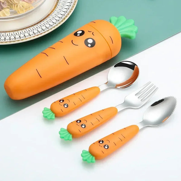 Utensili per l'alimentazione dei bambini, set di posate per bambini a forma di carota, forchetta, cucchiaio, utensili da cucina per torte, verdure, forchetta, cucchiaino