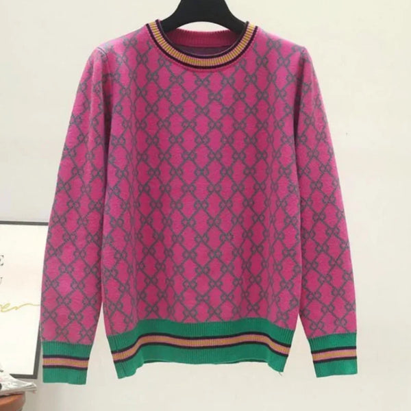Maglione invernale caldo e morbido europeo , rosa, rosso, geometrico, lavorato a maglia jacquard, girocollo, unico, Y2K, elegante da donna