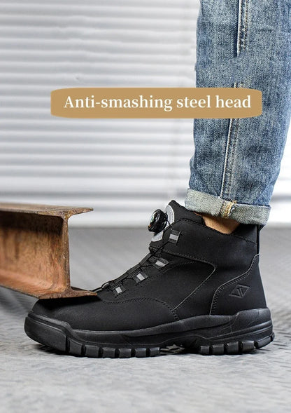 Black Leather Winter Fashion 2023 Rotating Buttons Safety Shoes Men Waterproof Work Boots Men Anti-puncture Protective Footwear