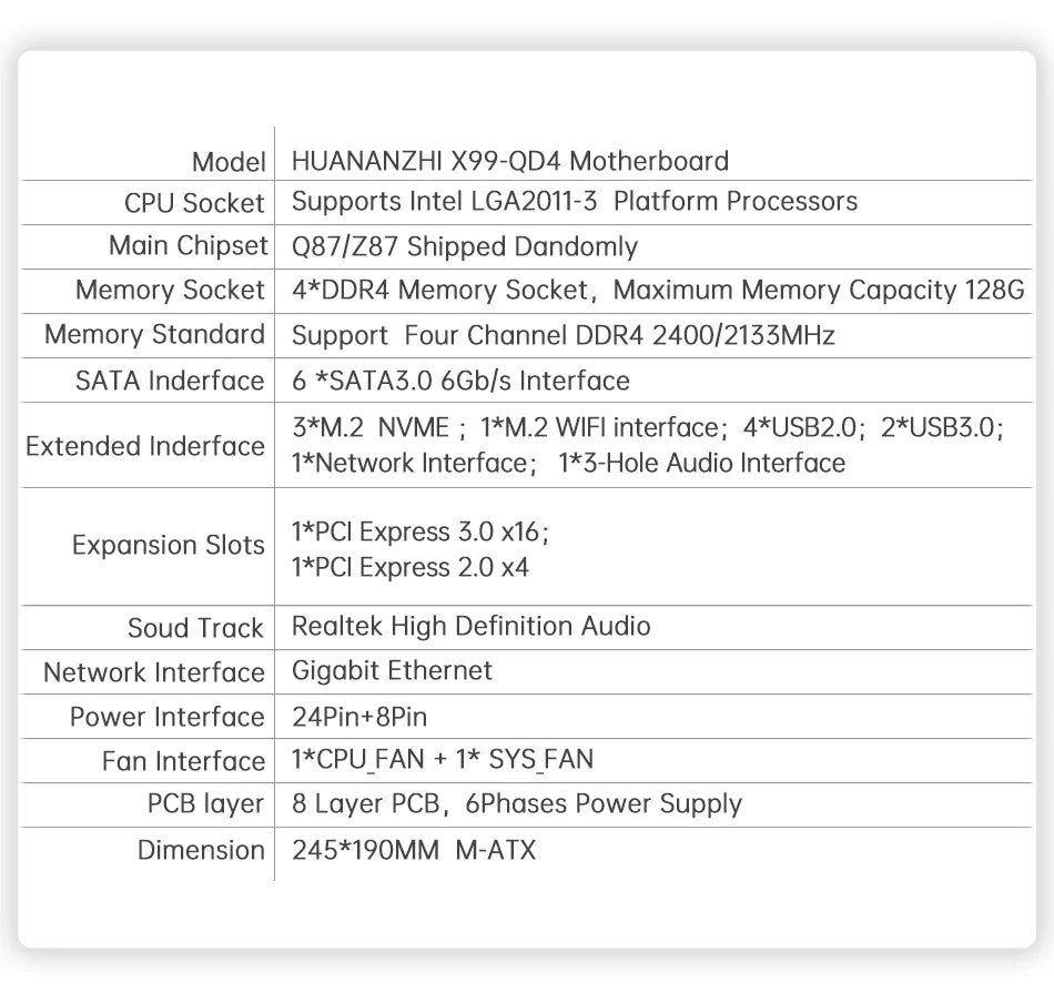 HUANANZHI X99 QD4 LGA 2011-3 XEON X99 Motherboard Intel E5 2640 2666 2670 2696 V3 V4 support DDR4 RECC NON-ECC Memory NVME SATA