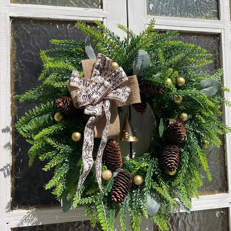 Farmhouse Christmas Wreath With Bells Door Pine Cone Decoration Artificial Geen Plants Simulation Flower Vine New Year Garland