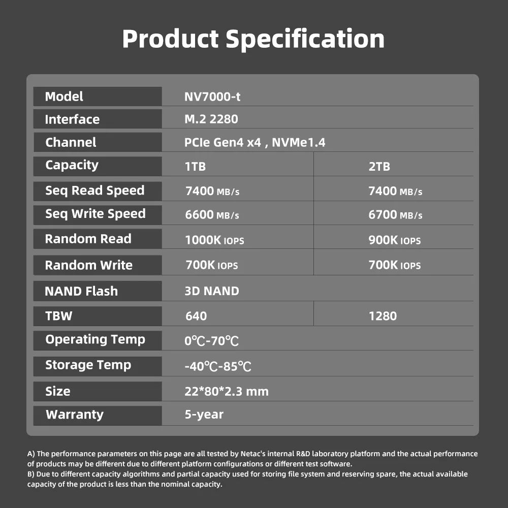 Netac SSD 1tb 2tb SSD NVMe M2 4tb 512gb PCIe 4.0 x4 M.2 2280 Disk Internal Solid State Drives NVME SSD for PS5 Laptop NV7000t