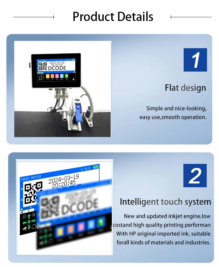 DCODE 130PLUS Industrial Online Inkjet Printer 12.7/25.4mm Nozzle with 4.3inch Screen QR Barcode Batch Number Logo Date Printer