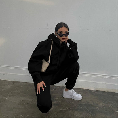 Women's Casual Solid Color Long Sleeved Hoodie Trousers Sweatershirt Sports Suit