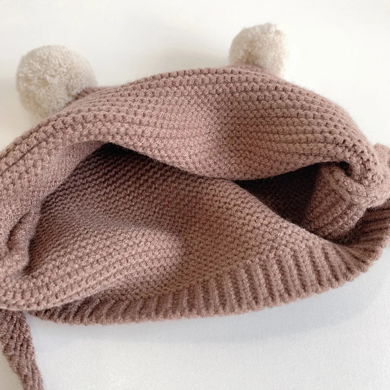 Korean Baby Ear Protection Hat Winter Warm Toddler Knitted Hat 2-24 Months Infant Woolen Crochet Bonnet Double Ball Kids Beanie