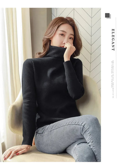 Winter Turtleneck Sweater Knitwear Women Elegant Thicken Velvet Lined Warm Sweaters Knitted Pullover Slim Tops Jersey Jumper New