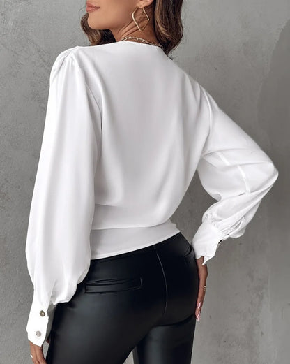 Sexy V Neck Long Sleeve Shirts Blouses Office Lady Spring summer Fashion Elegant Solid White blouse For Women 2024 Female Tops