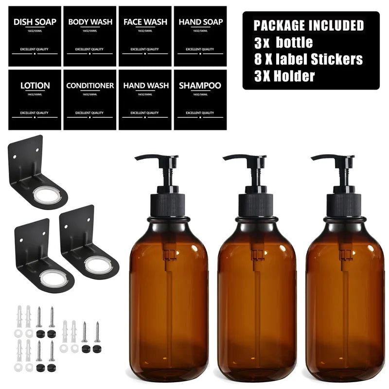 Brown Hand Soap Bottle Set with Sticker Shower Gel Household Shampoo Dispenser 500ml Liquid Container Bathroom Accessories