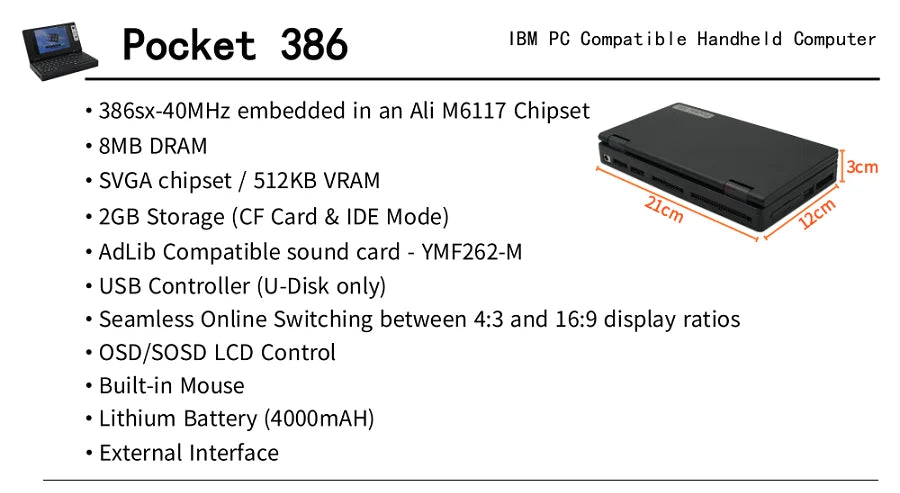 Pocket 386 Retro DOS Computer 386sx CPU Windows3.1/95 Hand386 Pocket386 Clear